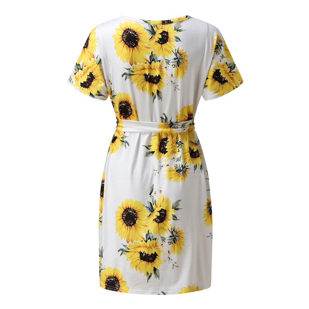 Floral & Ombre Printed Round Neck Short Sleeve Belted Dress