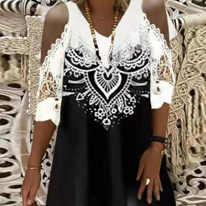 Colorblock Graphic Print V Neck Cold Shoulder Guipure Lace Half Sleeve Dress