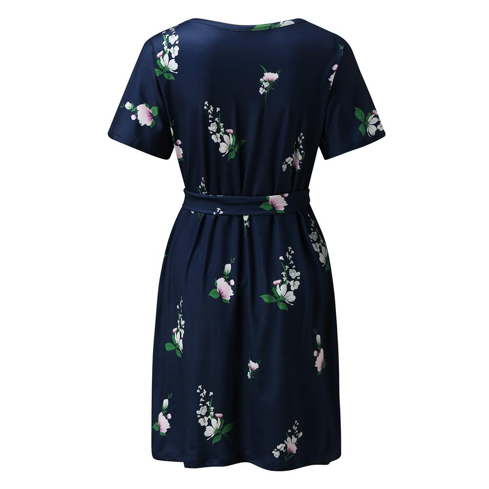 Floral & Ombre Printed Round Neck Short Sleeve Belted Dress