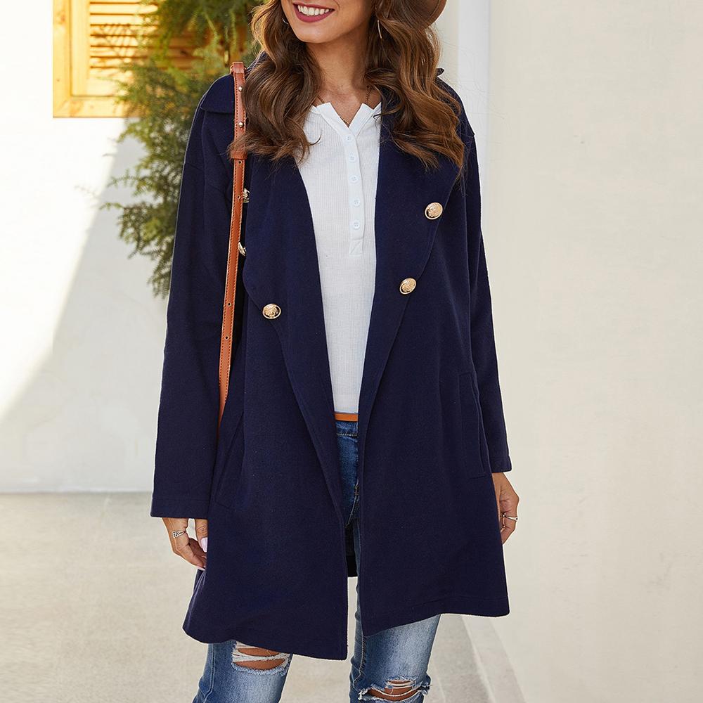 Navy Blue Lapel Neck Double Breasted Trench Coat Slant Pockets Drop Shoulder Coat