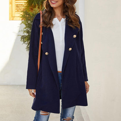 Navy Blue Lapel Neck Double Breasted Trench Coat Slant Pockets Drop Shoulder Coat