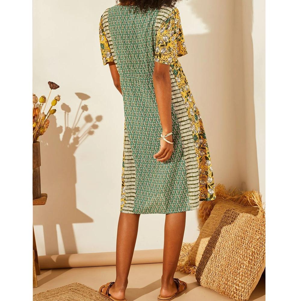 All over Botanical Pattern V Neck Short Sleeve Dress