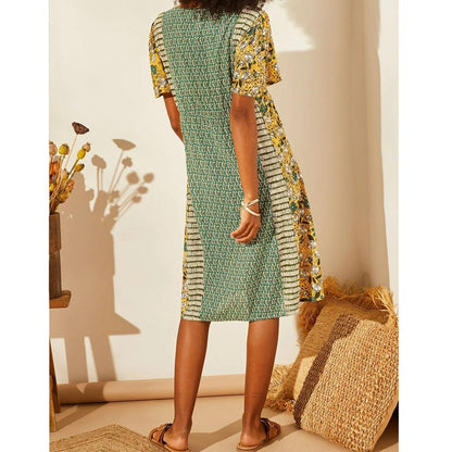 All over Botanical Pattern V Neck Short Sleeve Dress