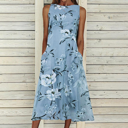Floral Print Crew Neck Sleeveless Dress