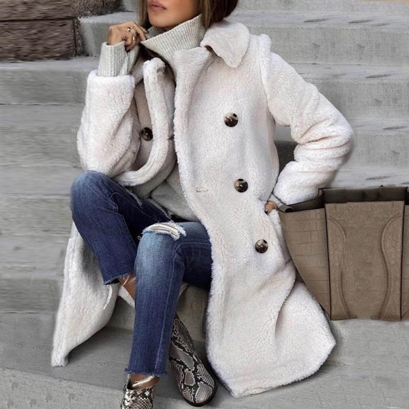White Double Breasted Slant Pocket Button Front Drop Shoulder Oversized Teddy Coat