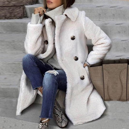 White Double Breasted Slant Pocket Button Front Drop Shoulder Oversized Teddy Coat