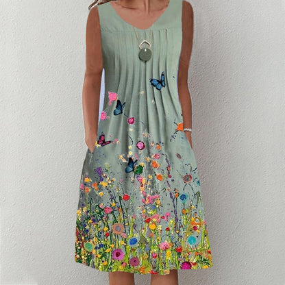 Floral & Butterfly Print Round Neck Sleeveless Tank Dress
