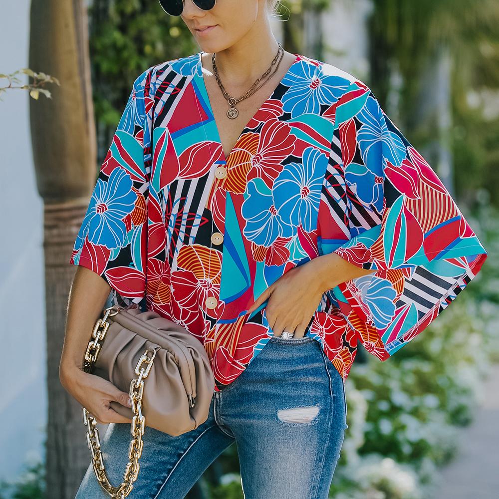 Floral Print V Neck Button Front Blouse