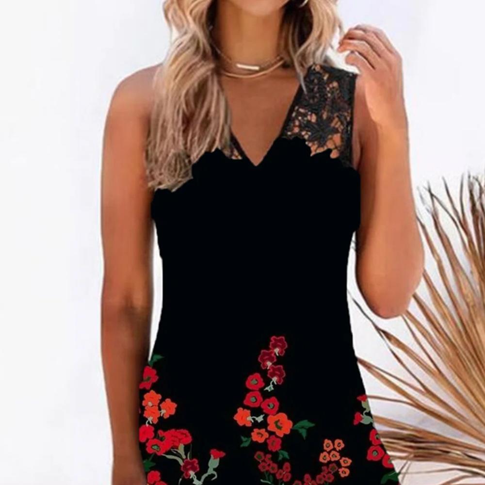 Black Floral Print Lace Patched V Neck Sleeveless Tank Dress