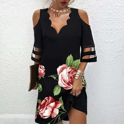 Floral & Geo Print V Neck Cold Shoulder Mesh Panel Short Sleeve Dress