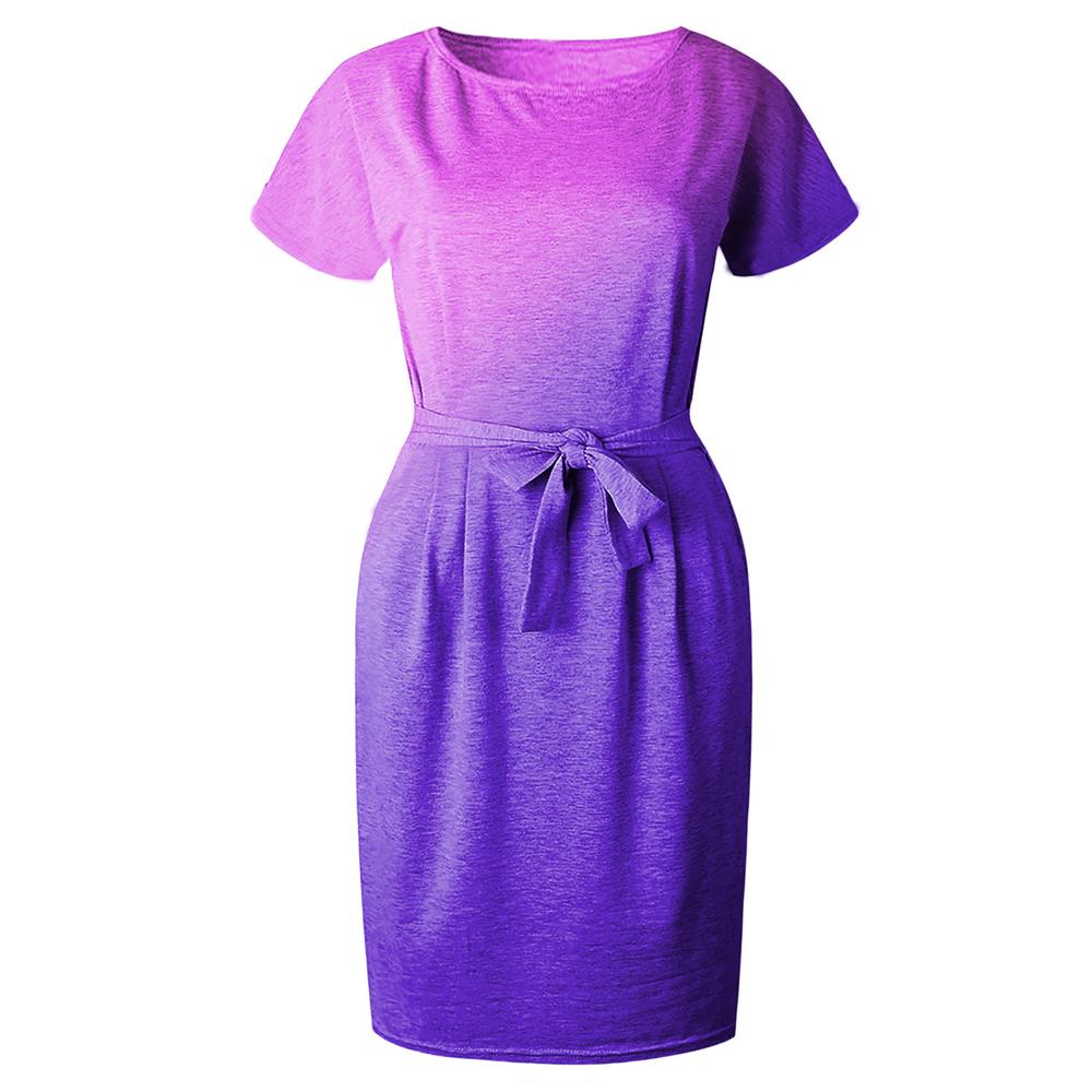 Floral & Ombre Printed Round Neck Short Sleeve Belted Dress