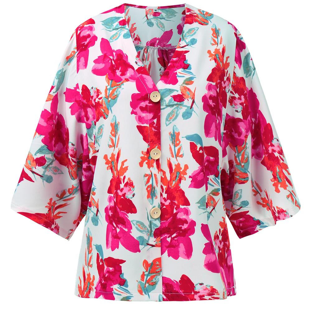 Floral Print V Neck Button Front Blouse