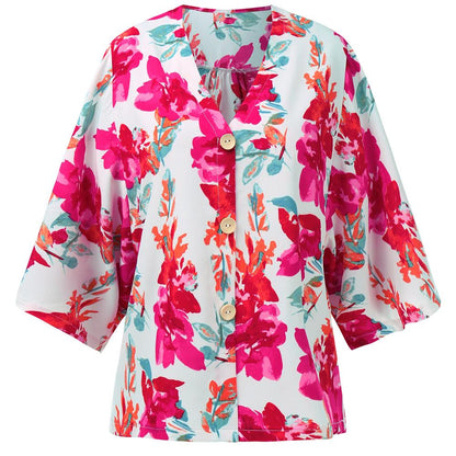 Floral Print V Neck Button Front Blouse