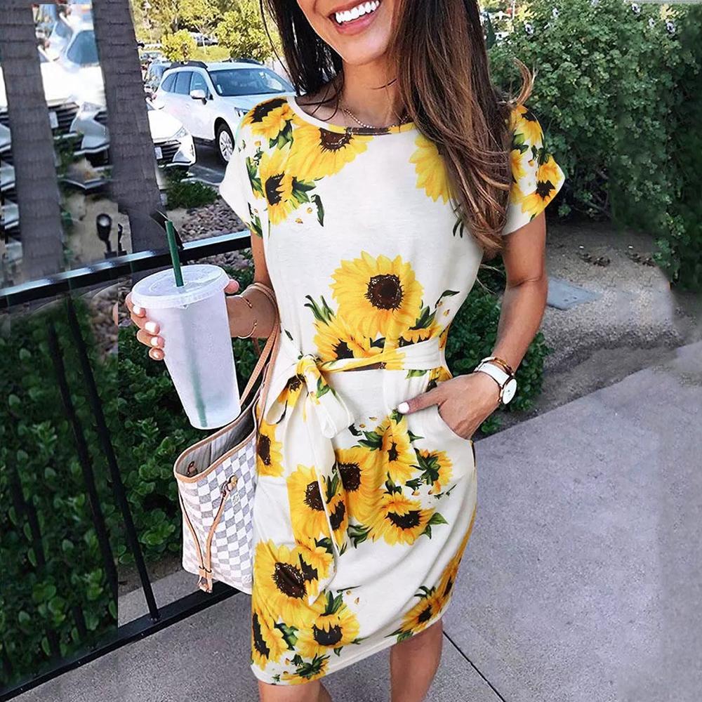 Floral & Ombre Printed Round Neck Short Sleeve Belted Dress