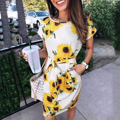 Floral & Ombre Printed Round Neck Short Sleeve Belted Dress