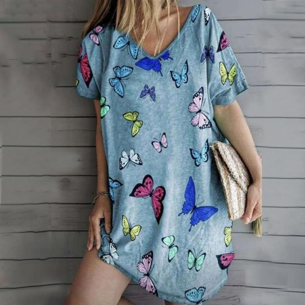 Butterfly Print V Neck Short Sleeve Loose Dress