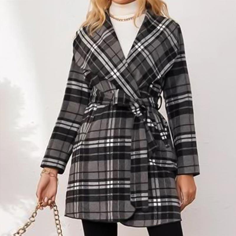 Plaid Black and White Open Front Long Sleeve Belted Casual Coat