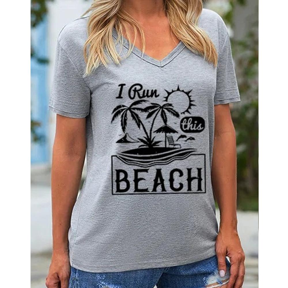 THIS BEACH Letter and Coconut Tree Print V Neck Short Sleeve Tee