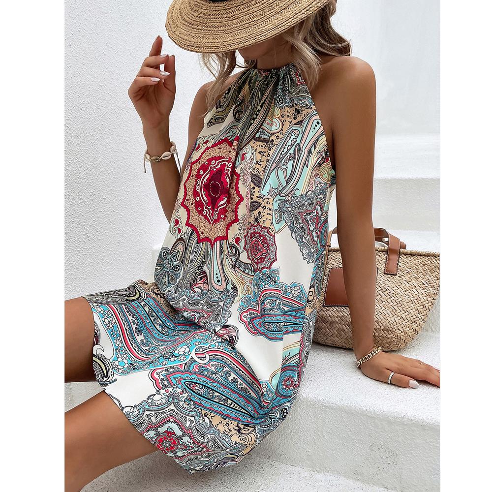 Floral Print Tie Back Halter Neck Mini Dress