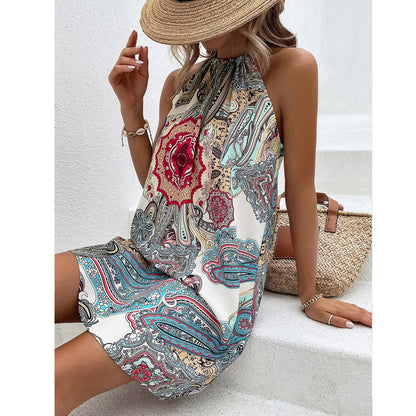 Floral Print Tie Back Halter Neck Mini Dress