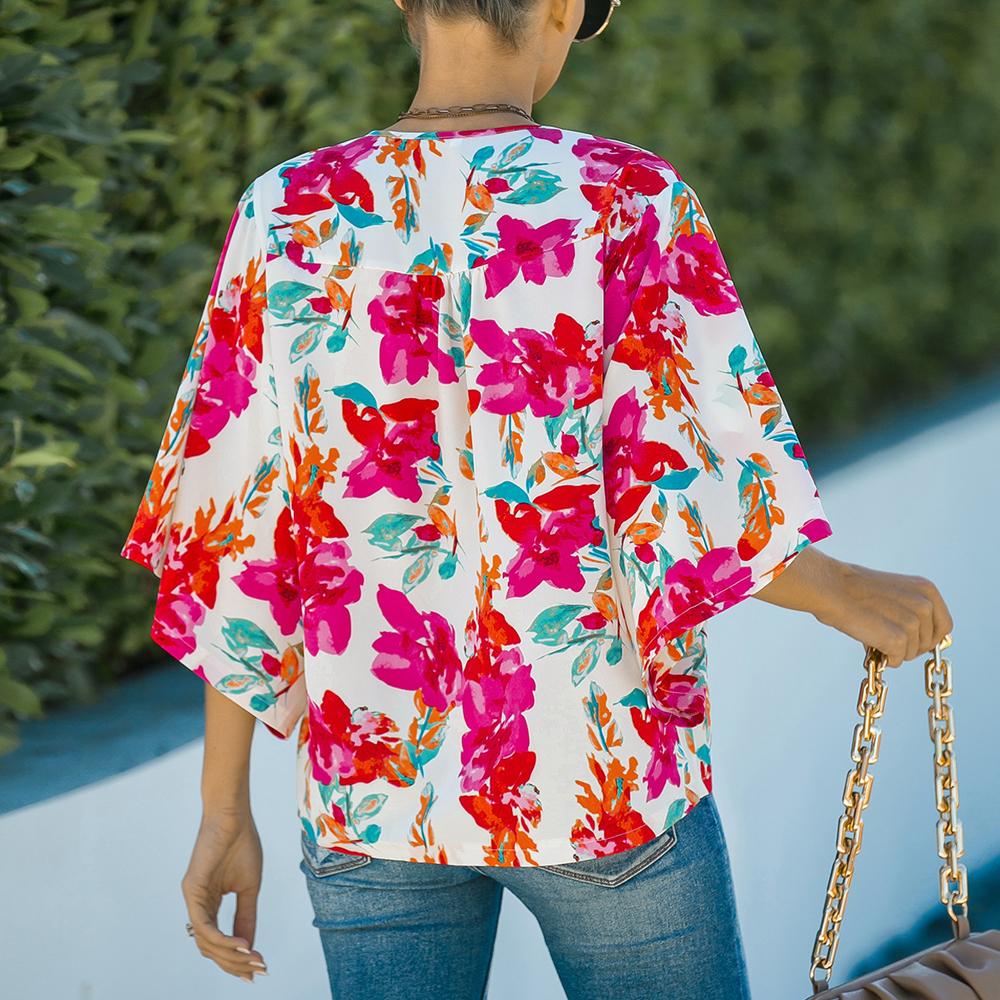 Floral Print V Neck Button Front Blouse