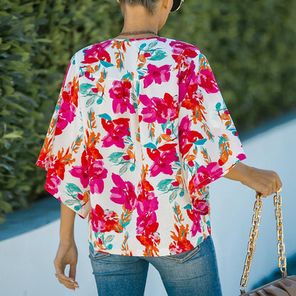 Floral Print V Neck Button Front Blouse