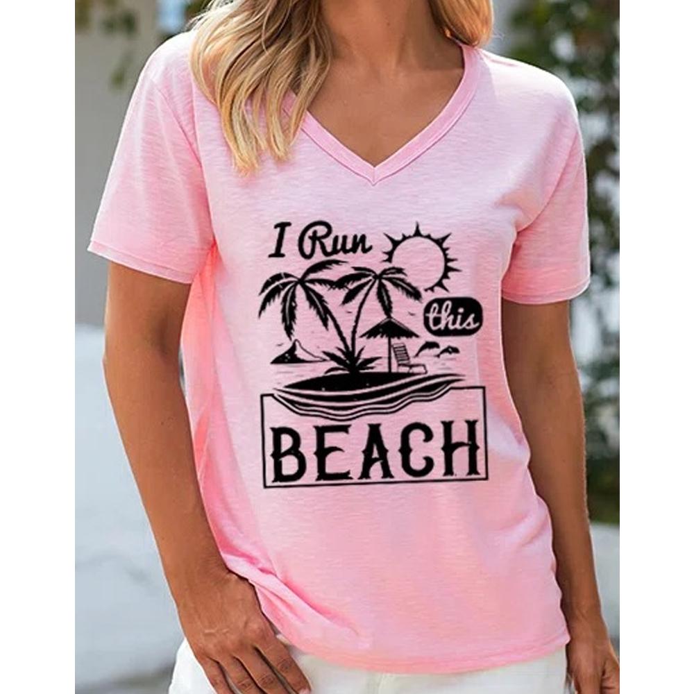 THIS BEACH Letter and Coconut Tree Print V Neck Short Sleeve Tee