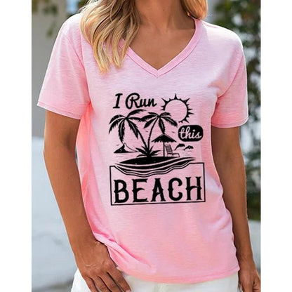 THIS BEACH Letter and Coconut Tree Print V Neck Short Sleeve Tee