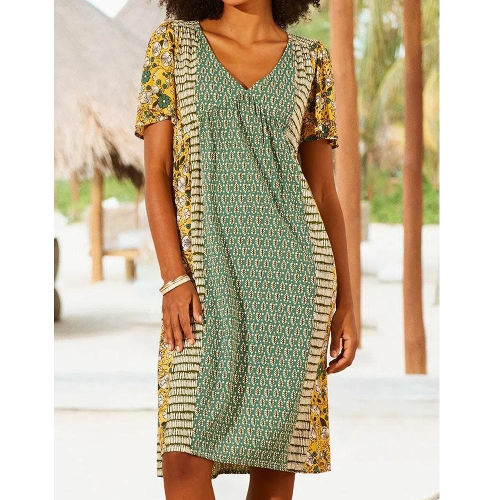 All over Botanical Pattern V Neck Short Sleeve Dress