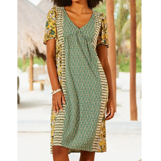 All over Botanical Pattern V Neck Short Sleeve Dress