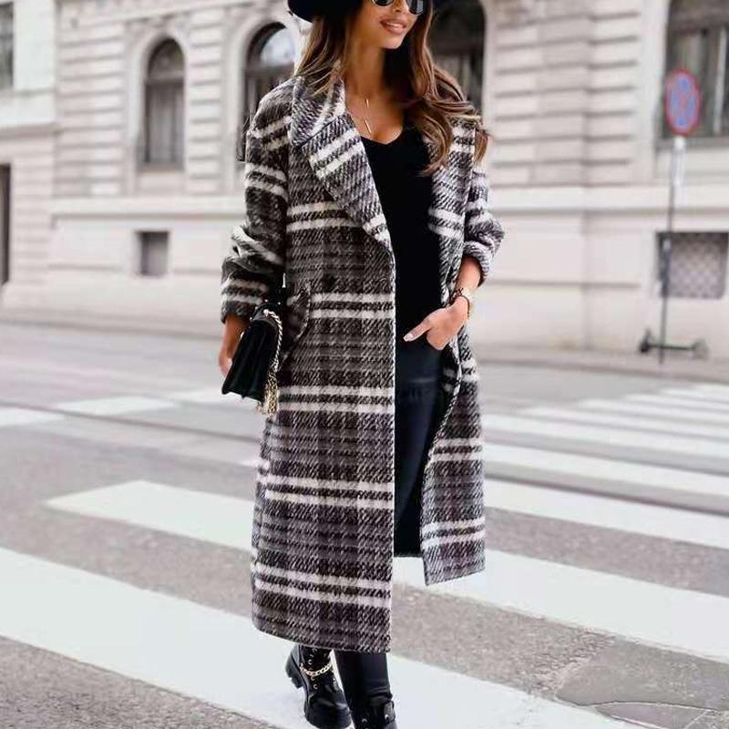 Grey & Black Buffalo Plaid Flap Detail Coat Lapel Neck Plaid Double Breasted Overcoat