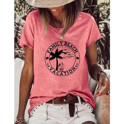 VACATION Letter and Beach Print Crew Neck Short Sleeve Tee