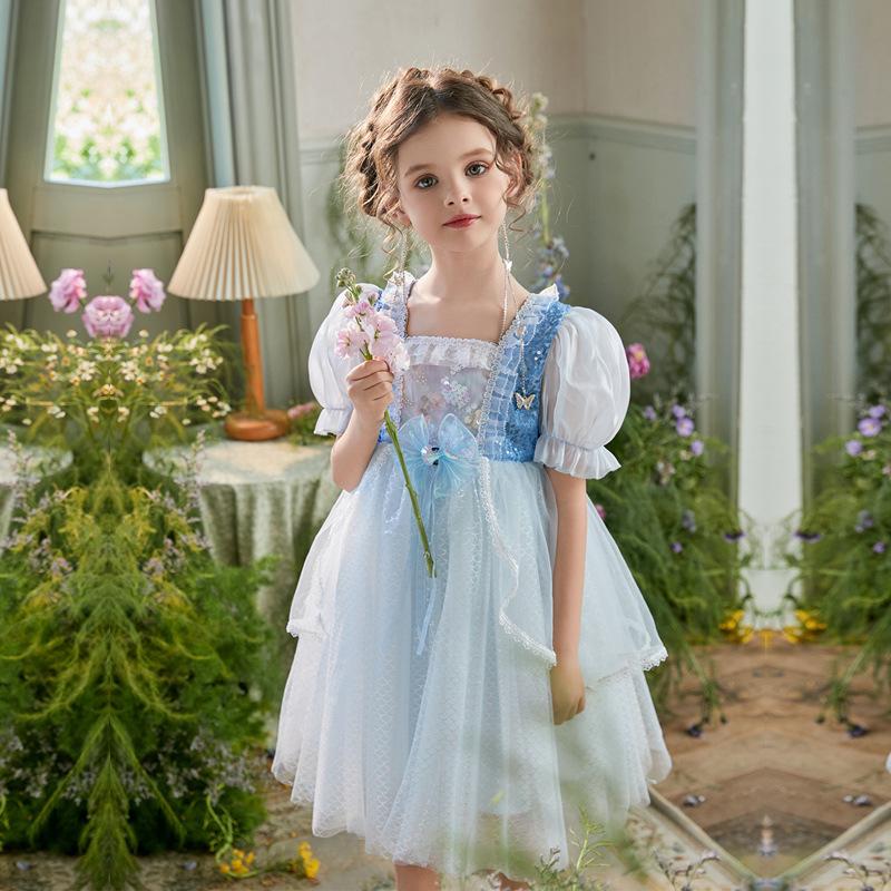 Girl Mermaid Princess Dress Cute Puff Sleeve Sequin Ball Gown Dress Fancy Dress Up Costume