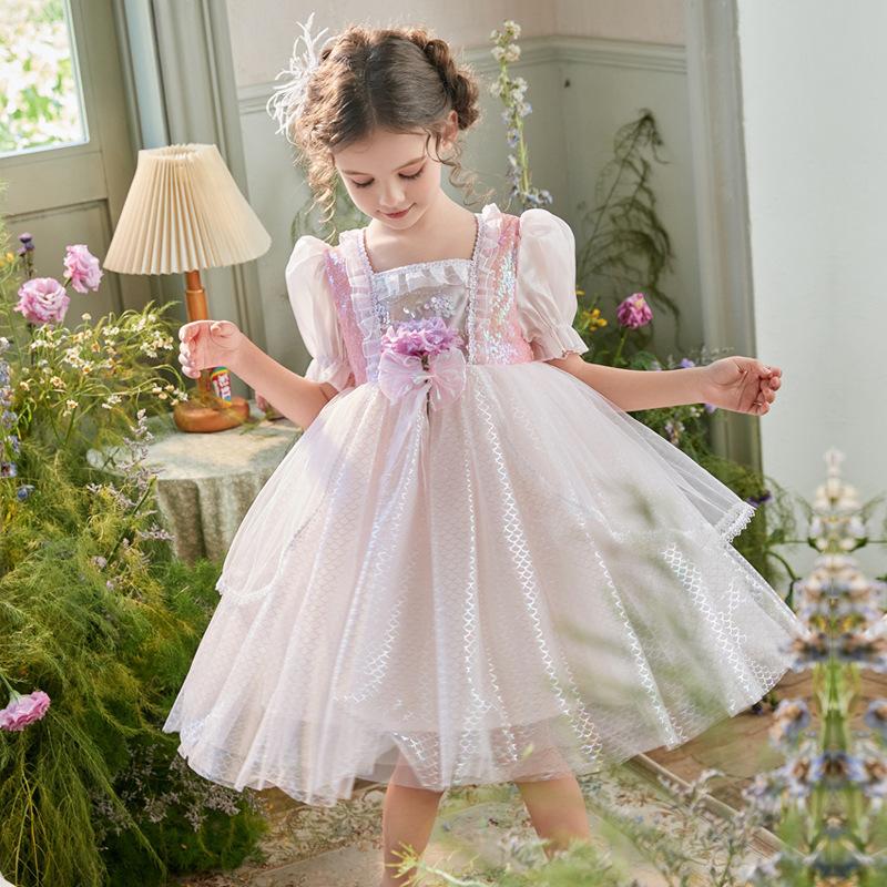 Girl Mermaid Princess Dress Cute Puff Sleeve Sequin Ball Gown Dress Fancy Dress Up Costume
