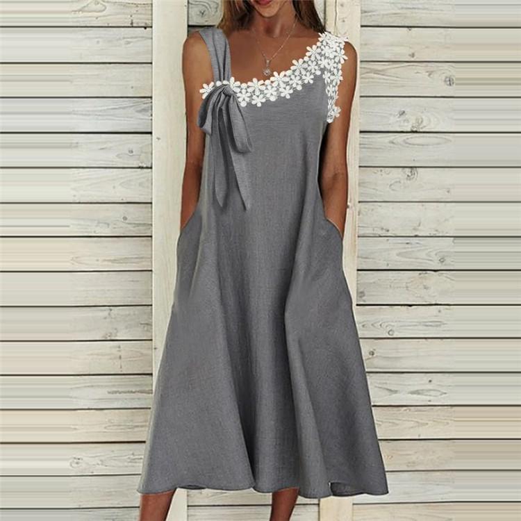 Grey Guipure Lace Appliques Asymmetrical Neck Tank Dress