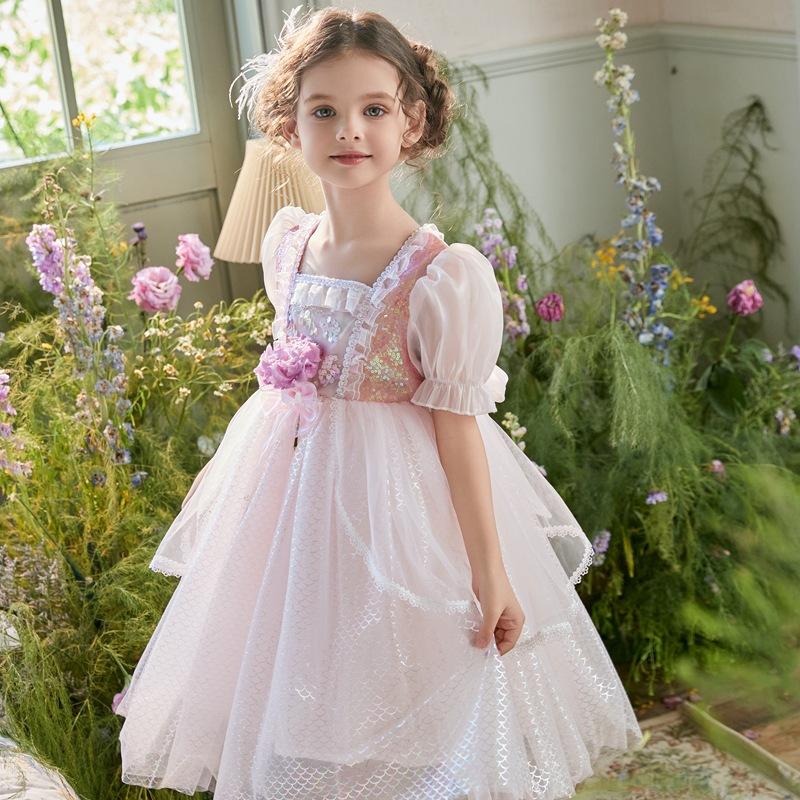 Girl Mermaid Princess Dress Cute Puff Sleeve Sequin Ball Gown Dress Fancy Dress Up Costume