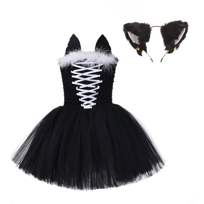 Kids Cat Costume Black Kitty Tutu Dress with Headband Girls Black Cat Costume