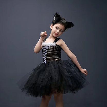 Kids Cat Costume Black Kitty Tutu Dress with Headband Girls Black Cat Costume