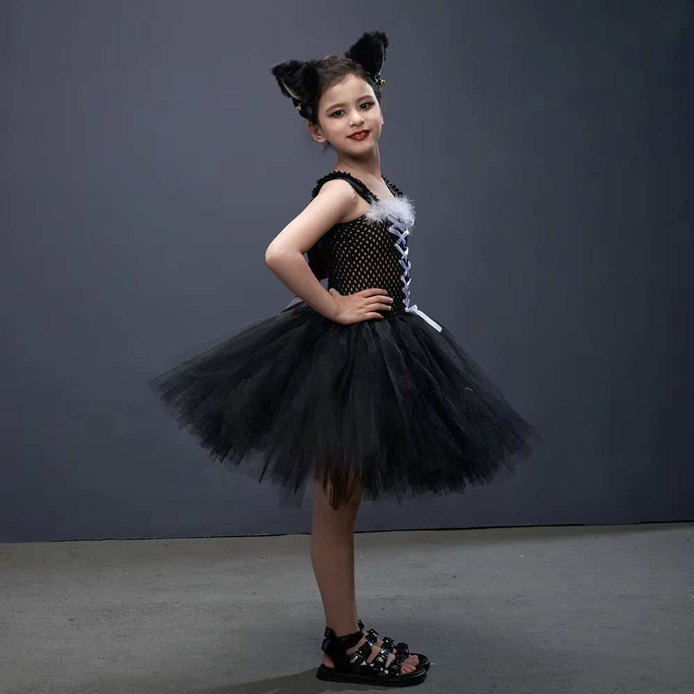 Kids Cat Costume Black Kitty Tutu Dress with Headband Girls Black Cat Costume