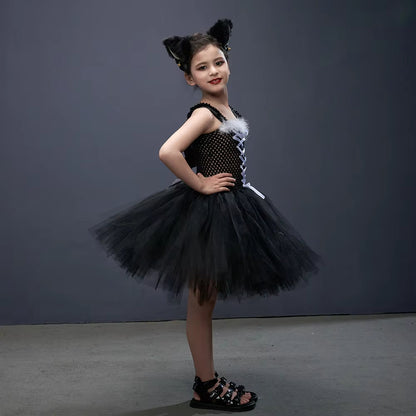 Kids Cat Costume Black Kitty Tutu Dress with Headband Girls Black Cat Costume