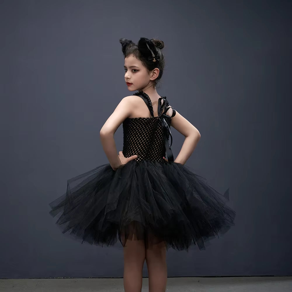 Kids Cat Costume Black Kitty Tutu Dress with Headband Girls Black Cat Costume