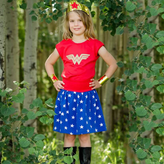 Kids Wonder Girls Costume T-Shirt Skirt Headband and Cape 4 Piece Set