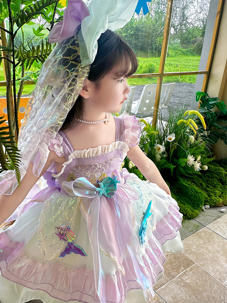 Kids Princess Dress Multi Layer Mermaid Dress Birthday Dress with Tulle Bow Veil