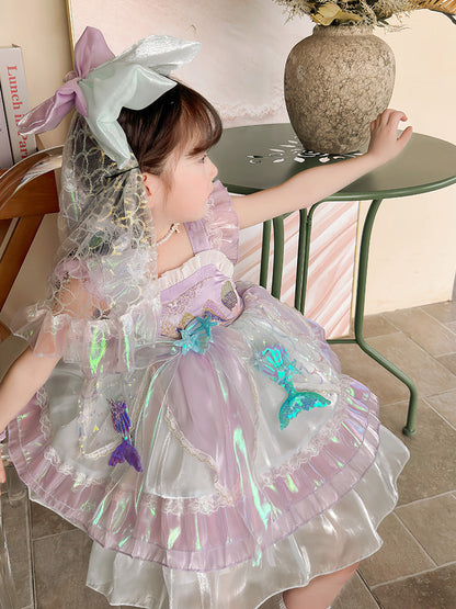 Kids Princess Dress Multi Layer Mermaid Dress Birthday Dress with Tulle Bow Veil