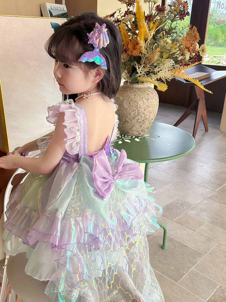 Kids Princess Dress Multi Layer Mermaid Dress Birthday Dress with Tulle Bow Veil