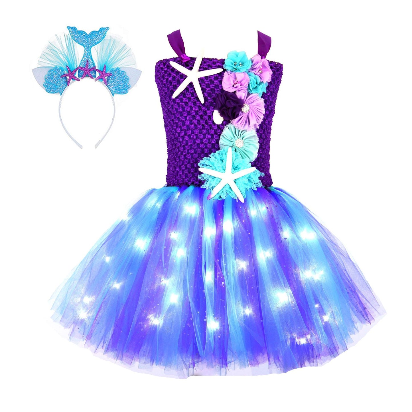 Girls Mermaid Tutu Dress Light Up Princess Dress Glowing Birthday Dress with Headband