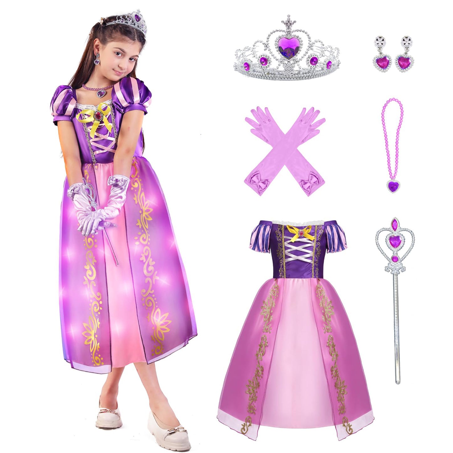 Light-up Princess Dress Girls Party Dress Up Outfit Long Hair Princess Costume