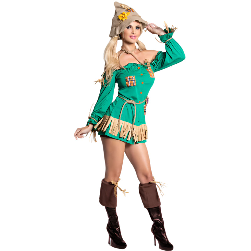 Sweet Adult Scarecrow Costume Lady Off-Shoulder Green Scarecrow Cosplay Outfit