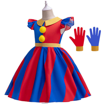 Girls Pomni Dress Daily Cosplay Costume Pomni Casual Dress with Gloves Halloween Party Outfit