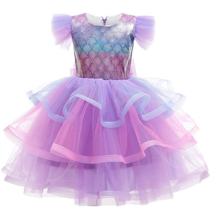 Girls Purple Princess Arial Dress Little Mermaid Costume 6 Layers Cake Dress Birthday Party Tutu Dress